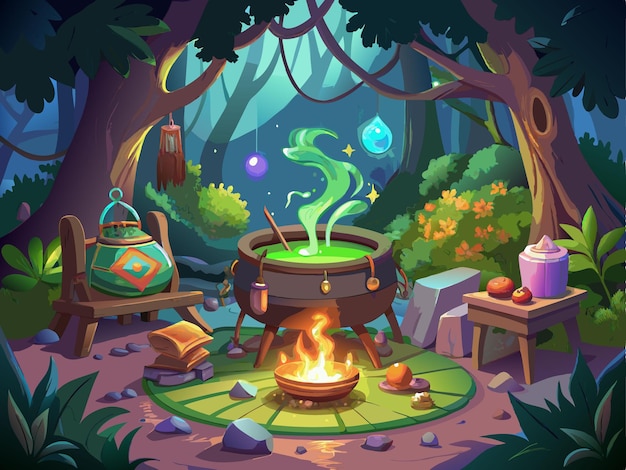 A bubbling cauldron in the middle of an enchanted forest with potion bottles spell books and magi