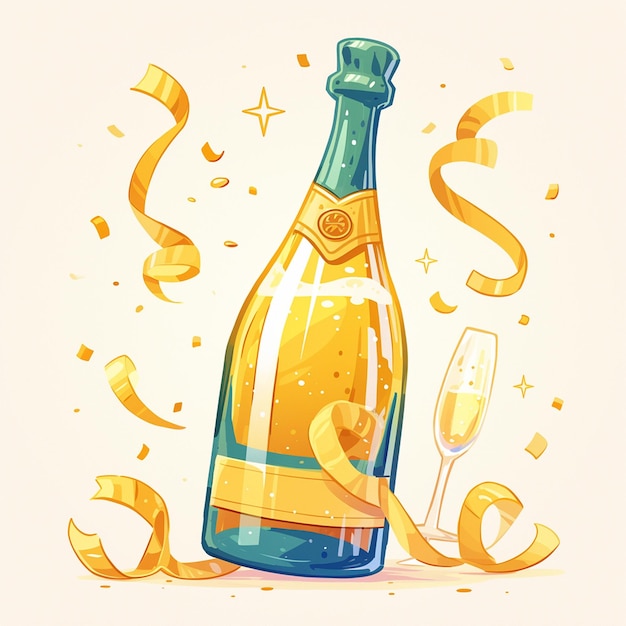 Bubbly Champagne Bottle with Cork Celebration Cartoon Illustration