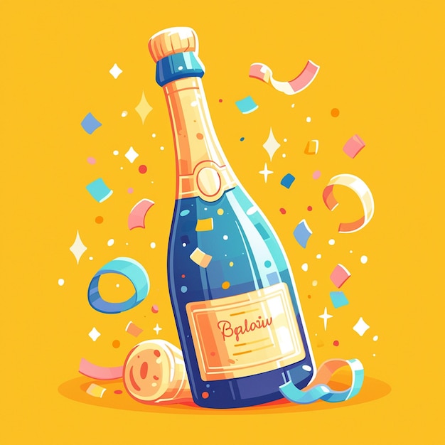 Bubbly Champagne Bottle with Cork Celebration Cartoon Illustration