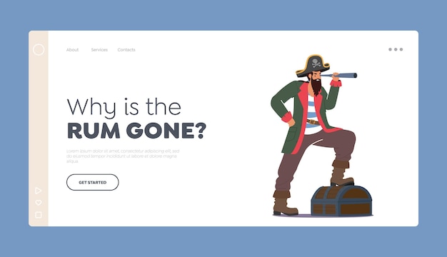 Buccaneer Character Landing Page Template Pirate With Spyglass Look Into the Distance Robber Wear Costume and Hat