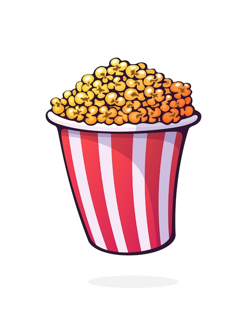 Bucket full of popcorn Red and white striped paper cup with junk snack Vector illustration