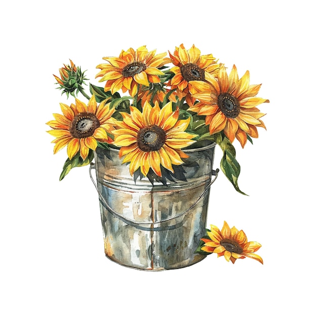 bucket full of sun flower vector illustration in watercolor style