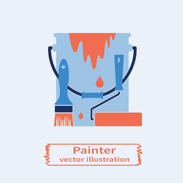 Vector bucket of paint brush and paint roller painting services painting work logo