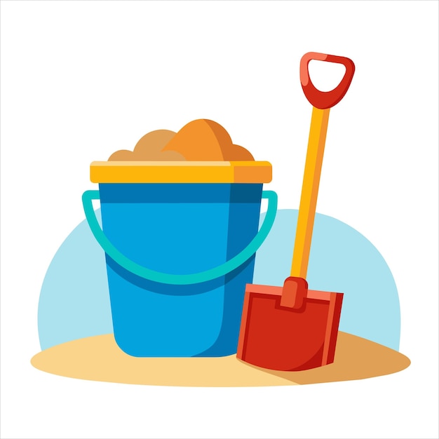 a bucket of sand with a shovel