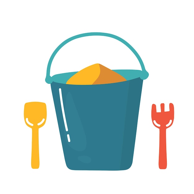 Bucket and spade with sand vector illustration flat icon isolated on white, kid toys tools symbol, p