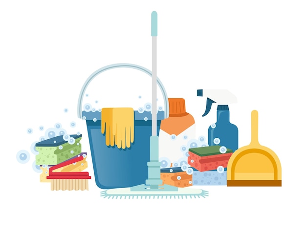 Bucket with foam sponges and chemical bottles cleaning tools households equipment flat vector illustration on white background