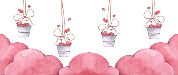 Bucket with hearts hanging on rope with pink clouds. Illustration of love and valentine day. Watercolor illustration.