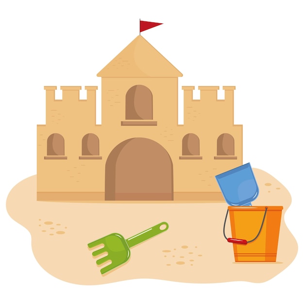 Bucket with tools on the background of a sand castle, color isolated vector illustration in cartoon style.