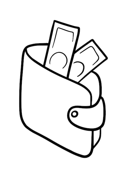 Buckle wallet with money currency dollar storage doodle linear cartoon coloring