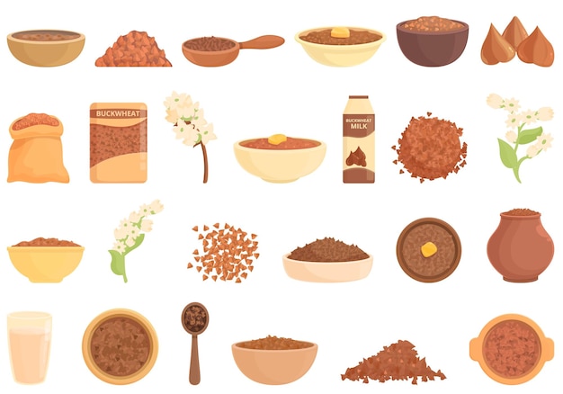 Buckwheat icons set cartoon vector Agriculture cereal