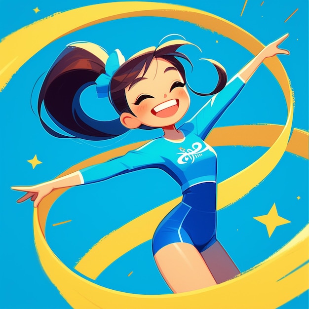 A Budapest girl performs rhythmic gymnastics in cartoon style