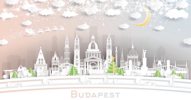 Budapest Hungary Winter City Skyline in Paper Cut Style with Snowflakes Moon and Neon Garland