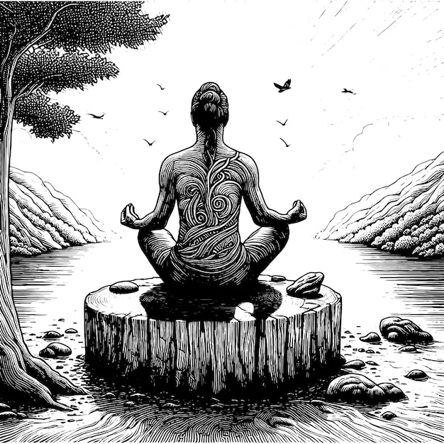 Vector buddha in meditation pose with tree and birds in black and white vector generative ai