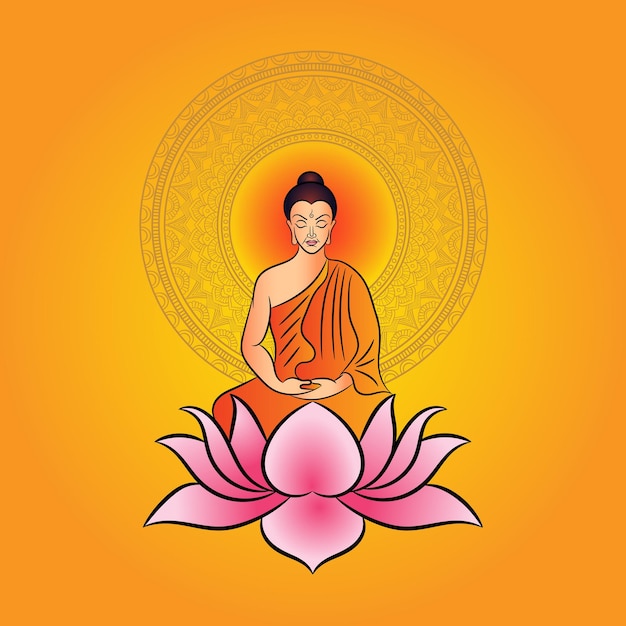 Buddha purnima greetings with Buddha sitting on lotus flower yoga pose illustration