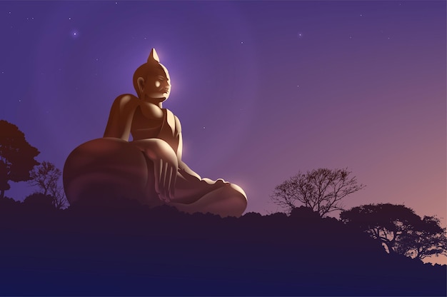 A buddha statue in sitting position on the peak of the mountain