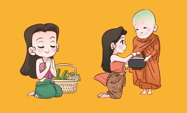 Buddhist girl and monk thai cartoon