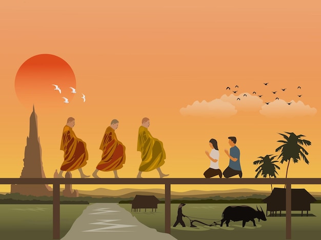 A Buddhist monk is walking on a wooden bridge with men and women sitting in worship. Farmers plowing fields with buffaloes with pagodas and the morning sky in the background.