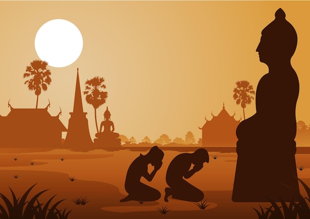 Buddhist woman and man pay respect to buddha sculpture politely with faith and beliefsilhouette style vector illustration