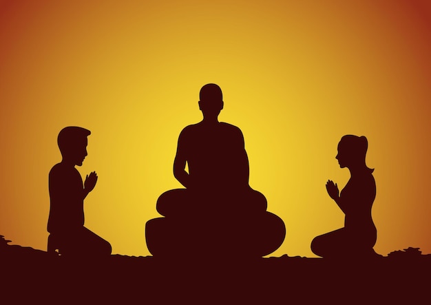 Buddhist woman and man pay respect to meditating monk