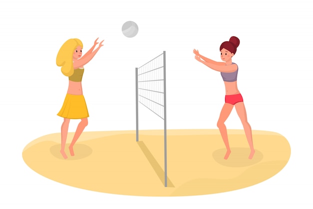 Buddies playing beach volleyball vector illustration. Spending free time on vacation actively