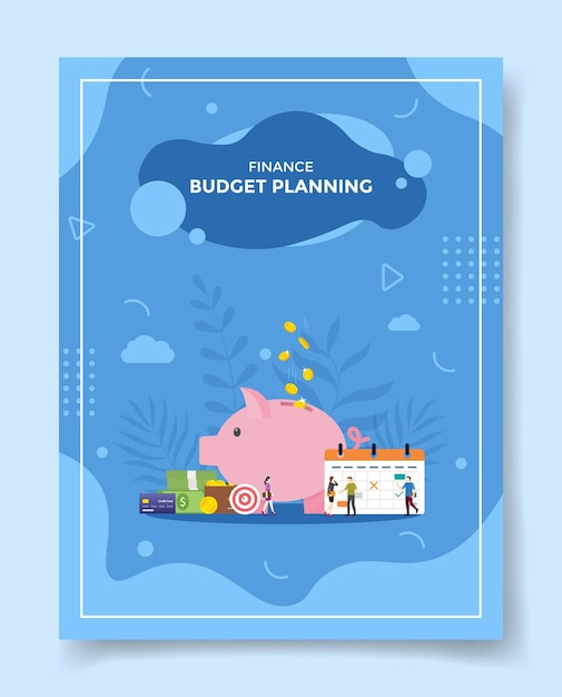 Budget planing people front calendar piggy bank money wallet credit card target for template 