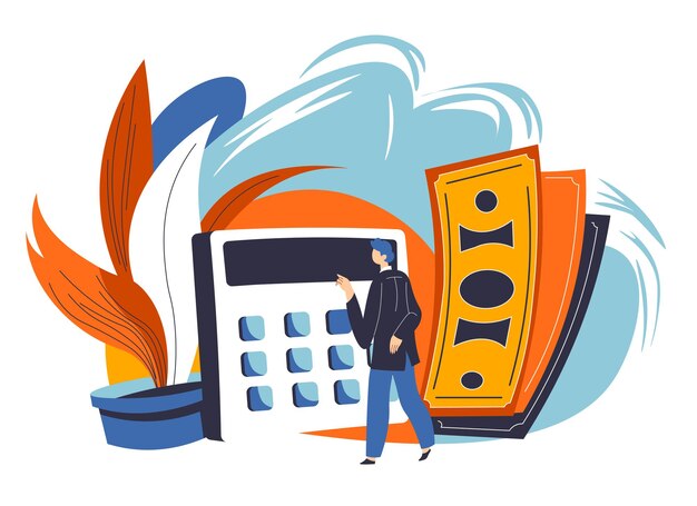 Vector budget planning and management of financial assets. character with banknotes and calculator thinking on saving money. strategy for profit and benefit, accounting and work. vector in flat style