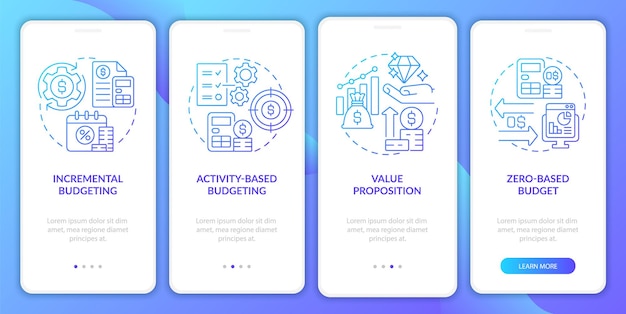 Budgeting types blue gradient onboarding mobile app screen Plan approach walkthrough 4 steps graphic instructions pages with linear concepts UI UX GUI template Myriad ProBold Regular fonts used