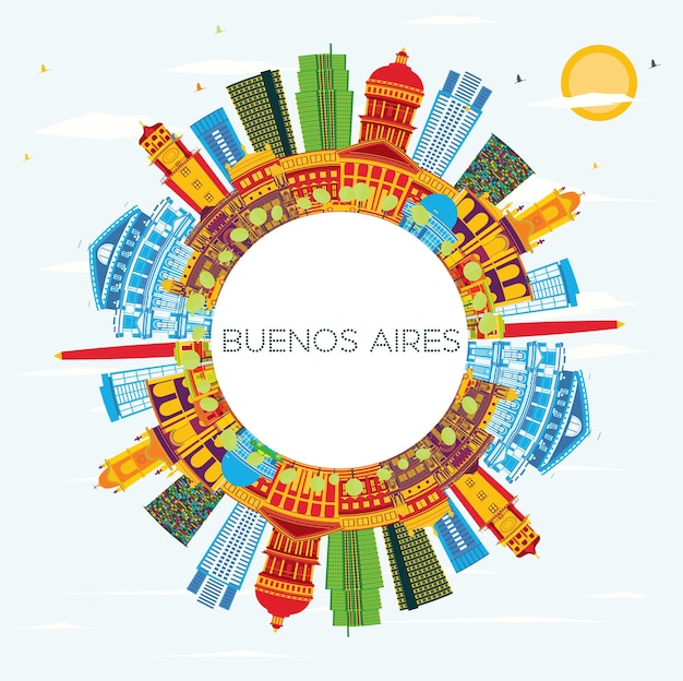 Buenos Aires Skyline with Color Landmarks, Blue Sky and Copy Space. Vector Illustration.