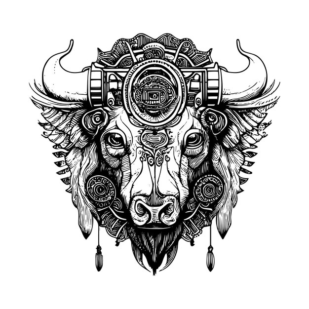 buffalo bull bison steampunk hand drawn illustration