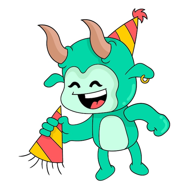 Buffalo celebrates new year and birthday with trumpet doodle icon image kawaii