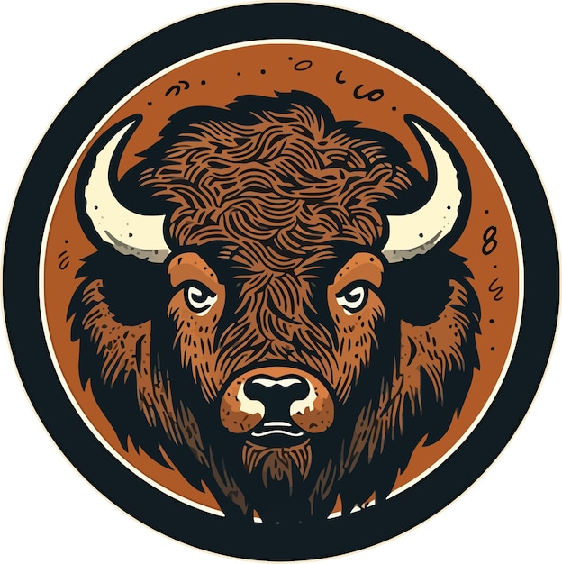 A buffalo logo with a brown and orange circle.