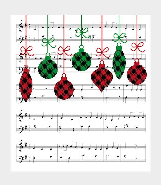 Buffalo plaid Christmas tree toys on the background of the music page Christmas and New Year pattern at Buffalo Plaid Festive background for design and print