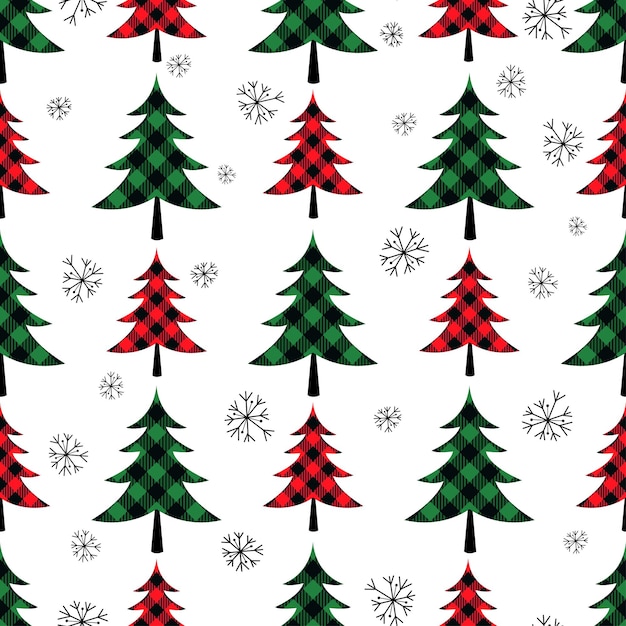 Buffalo plaid Christmas trees Festive seamless pattern on a white background Vector illustration