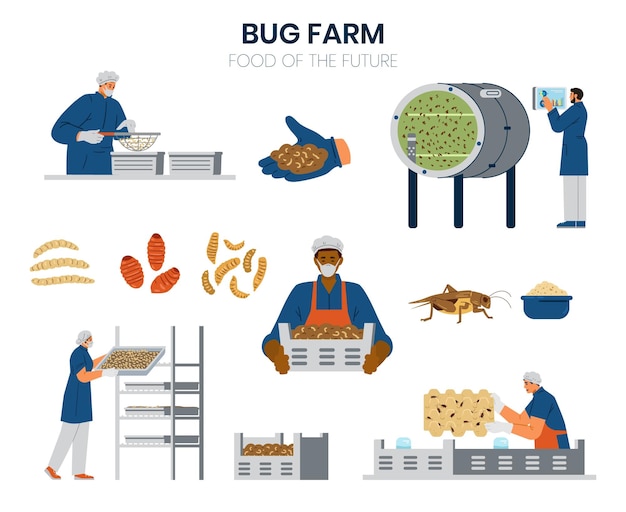 Bug farming elements vector set Farmers insects equipment illustrations