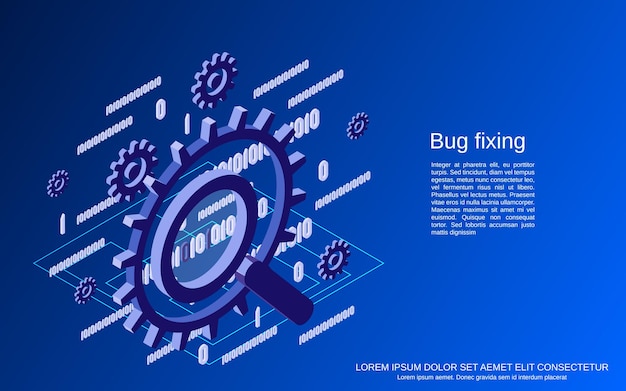 Bug fixing flat isometric vector concept illustration