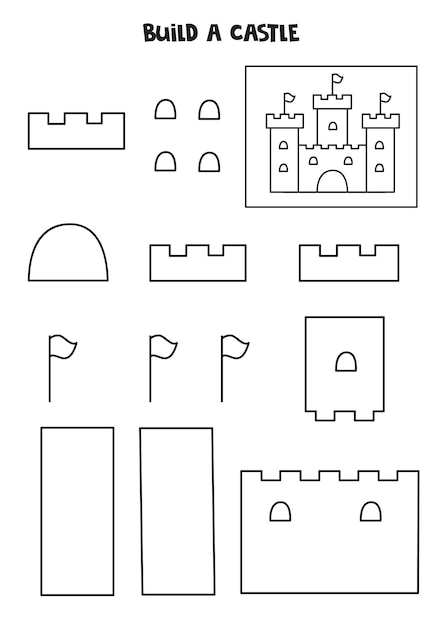 Build a castle Cut and glue parts of picture Black and white worksheet