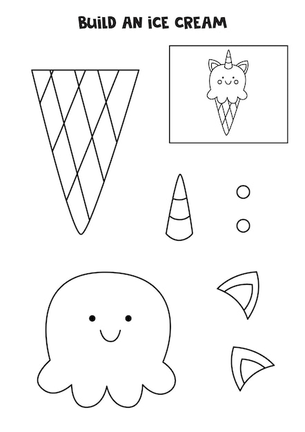 Build a unicorn ice cream Cut and glue parts of picture Black and white worksheet