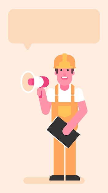 Builder holding megaphone and folder with documents