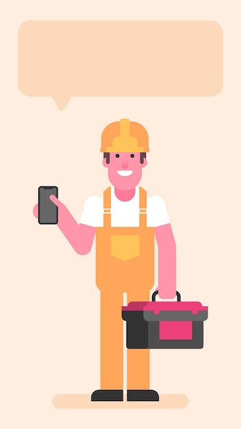 Builder holding suitcase with tools and holding mobile phone