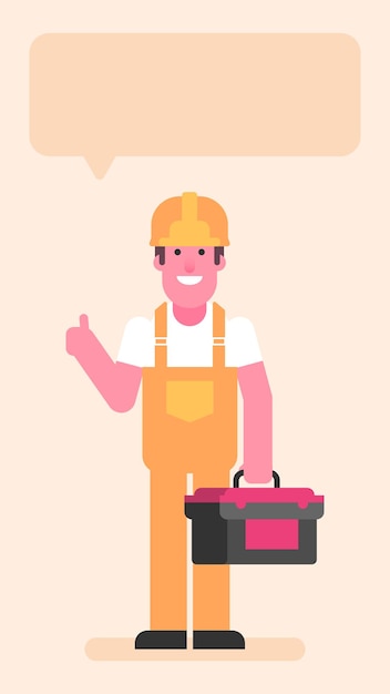 Builder holding suitcase with tools and showing thumbs up