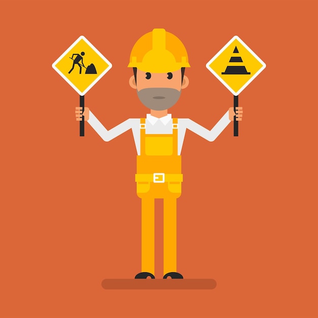 Builder holding two warning signs