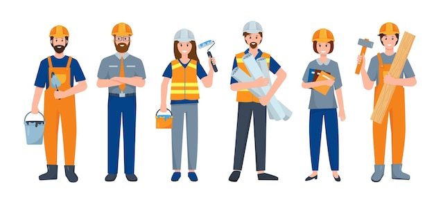 builder people or construction workers in different poses in uniform with work tools