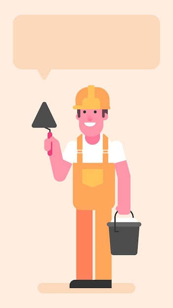 Builder three quarters face holding spatula and bucket with cement