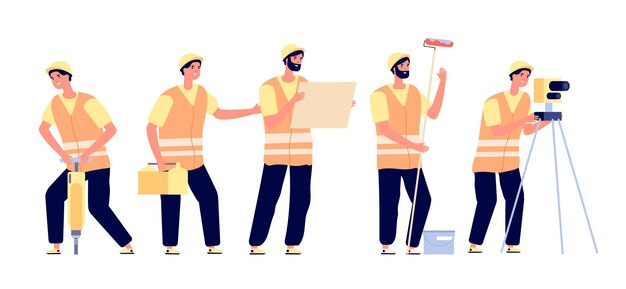 Vector builder in vests. construction worker safety, engineers with smiling foreman. flat men in protect, industrial persons utter vector concept