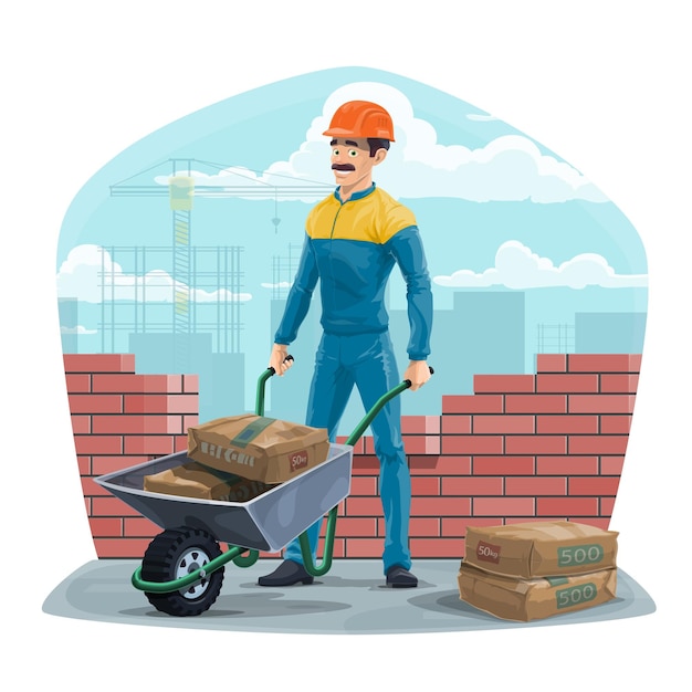 Vector builder worker with wheelbarrow construction