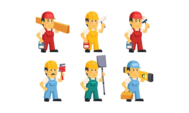 Builder workers in overalls with different tools set construction staff cartoon characters vector Illustration isolated on a white background