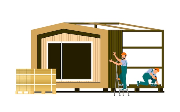 Builders building a modern compact house Vector illustration