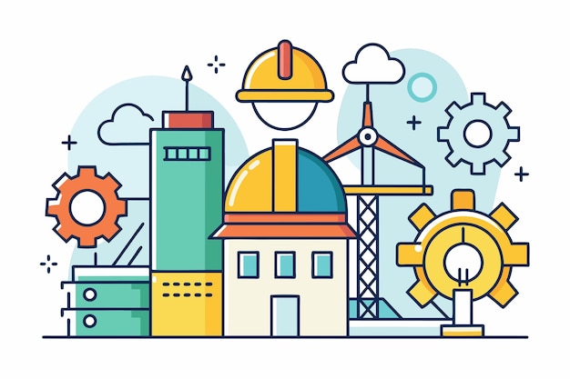 A building adorned with gears with a helmet placed on top showcasing a blend of engineering and construction engineering and construction Simple and minimalist flat Vector Illustration