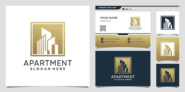 Building apartment logo with negative space concept and business card design Premium Vector