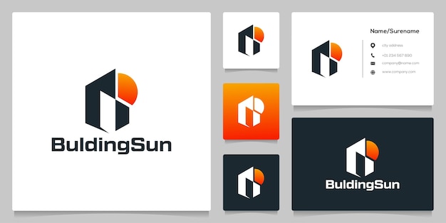 building apartment with sunset logo design with business card